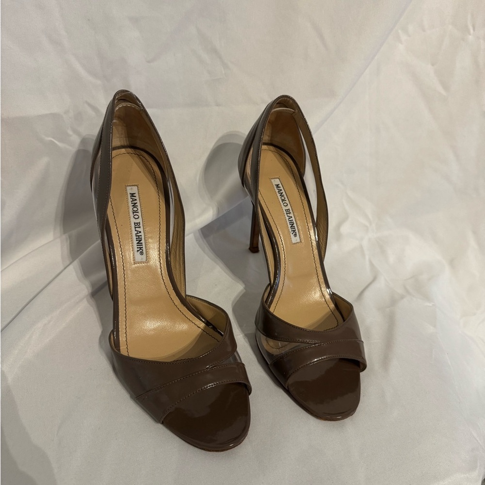 Manolo Blahnik Dark Taupe Open-Toe Heels